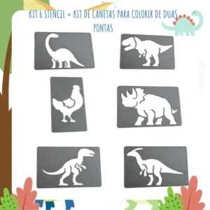 6 Estêncil Transferidor Dinossauros Infantil e 1 Kit de canetas para colorir de duas pontas Dual Shene