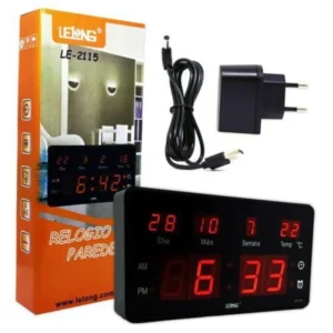 Relógio Digital de Parede/Mesa LED LE-2115 Lelong com Calendário, Termômetro e Alarme - Display Vermelho de Alta Luminosidade